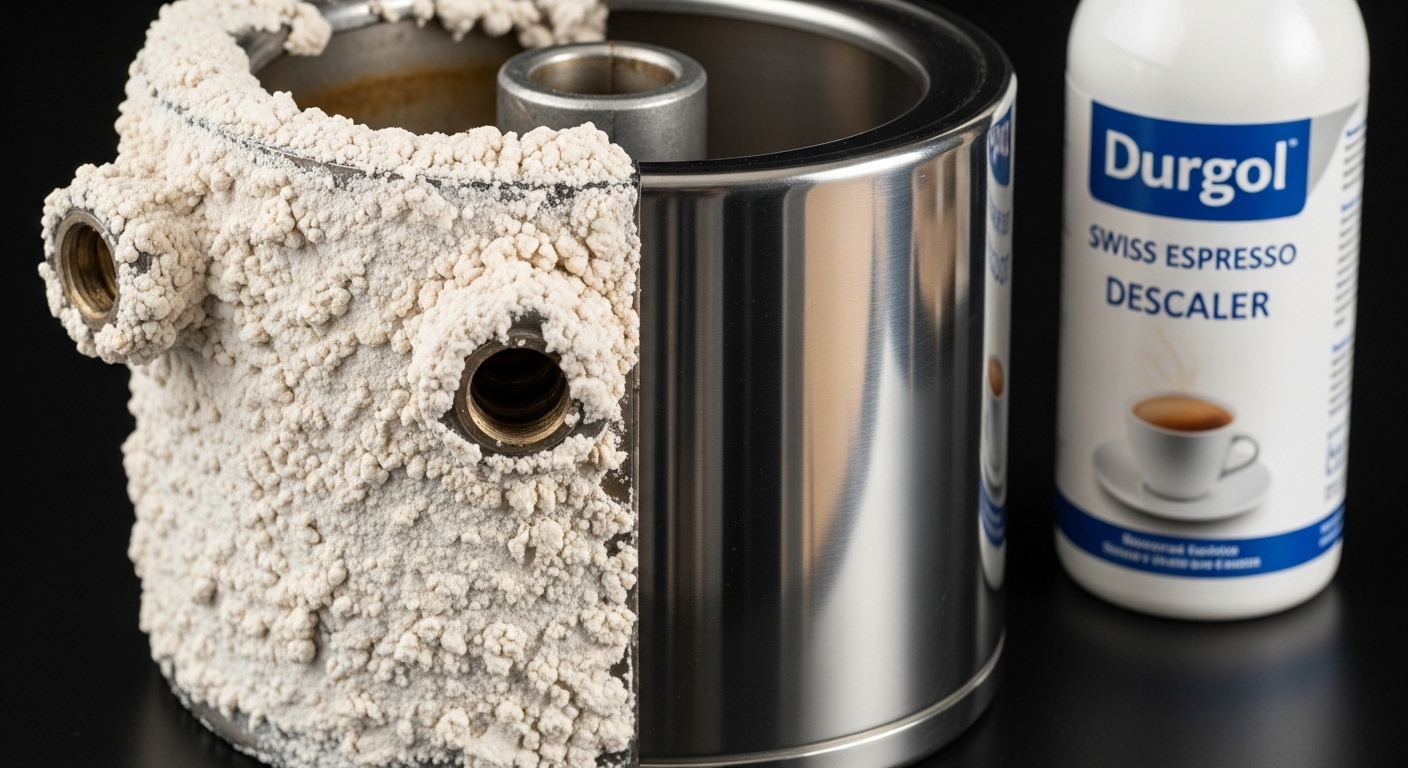 네스프레소 머신 내부의 석회질이 쌓인 상태와 디스케일링 후 깨끗해진 내부 부품의 비교 이미지