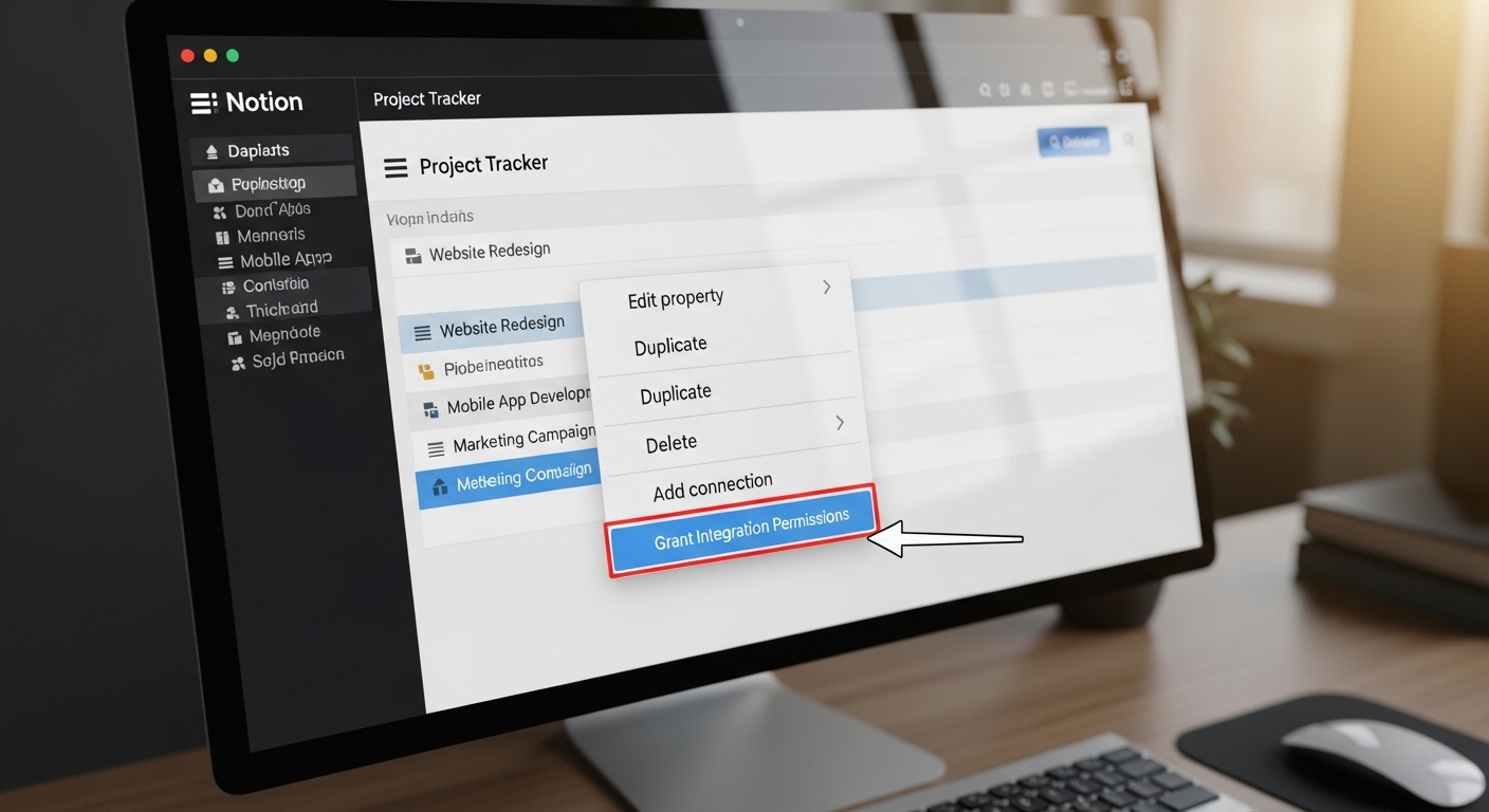 노션 데이터베이스 페이지에서 통합 권한 부여를 위한 연결 추가 메뉴가 열려 있는 화면