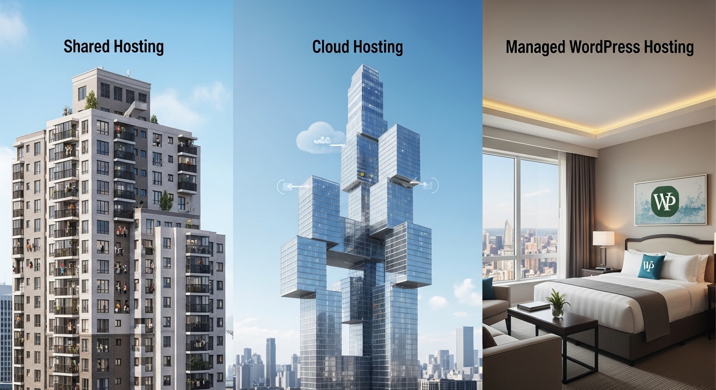 앞으로 나아갈 웹 호스팅 유형을 아파트, 첨단 빌딩, 호텔 스위트룸으로 비유하여 설명하는 이미지