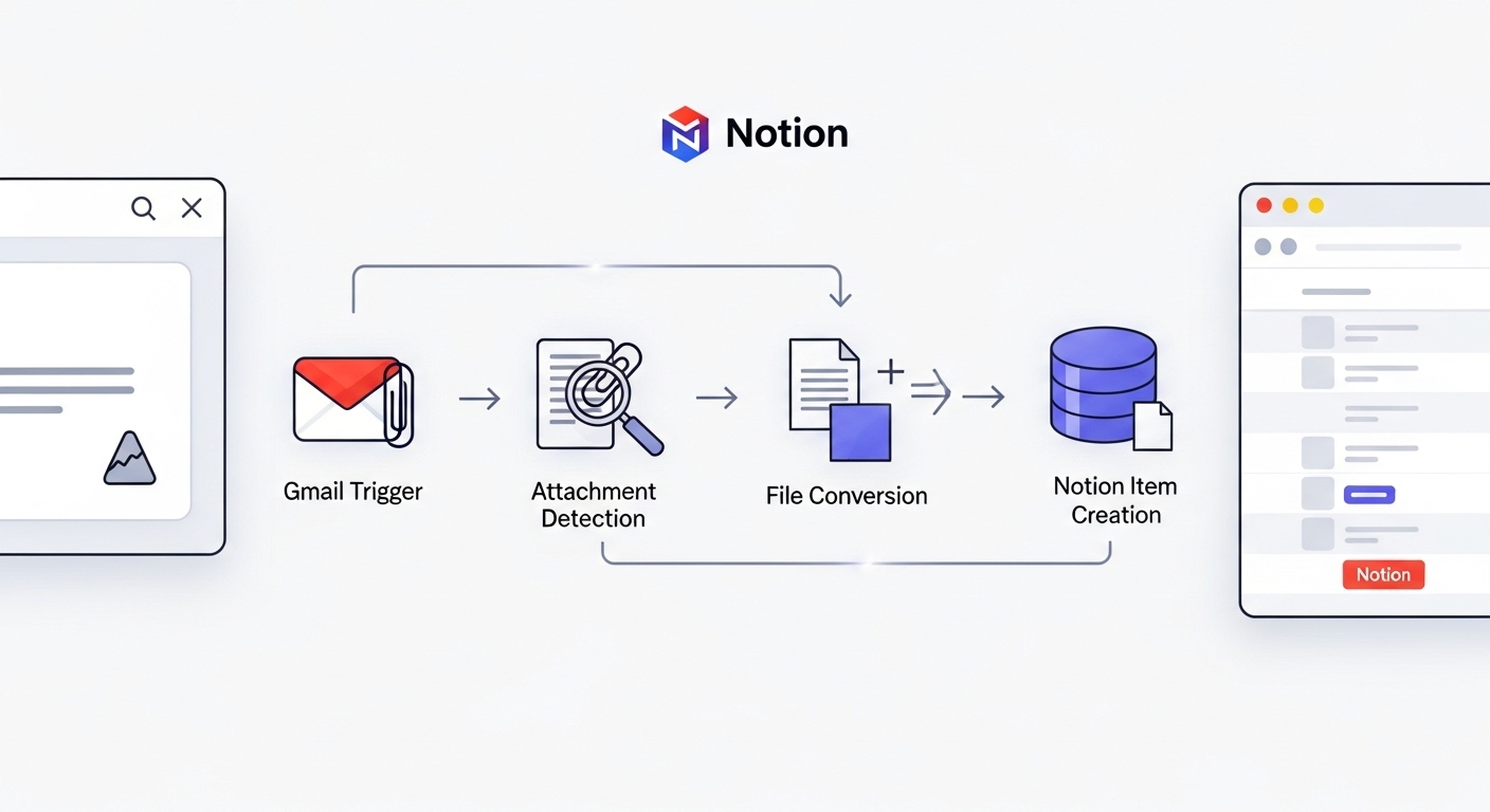 Gmail 첨부파일을 Notion 데이터베이스에 자동 저장하는 n8n 자동화 워크플로우 예시 이미지