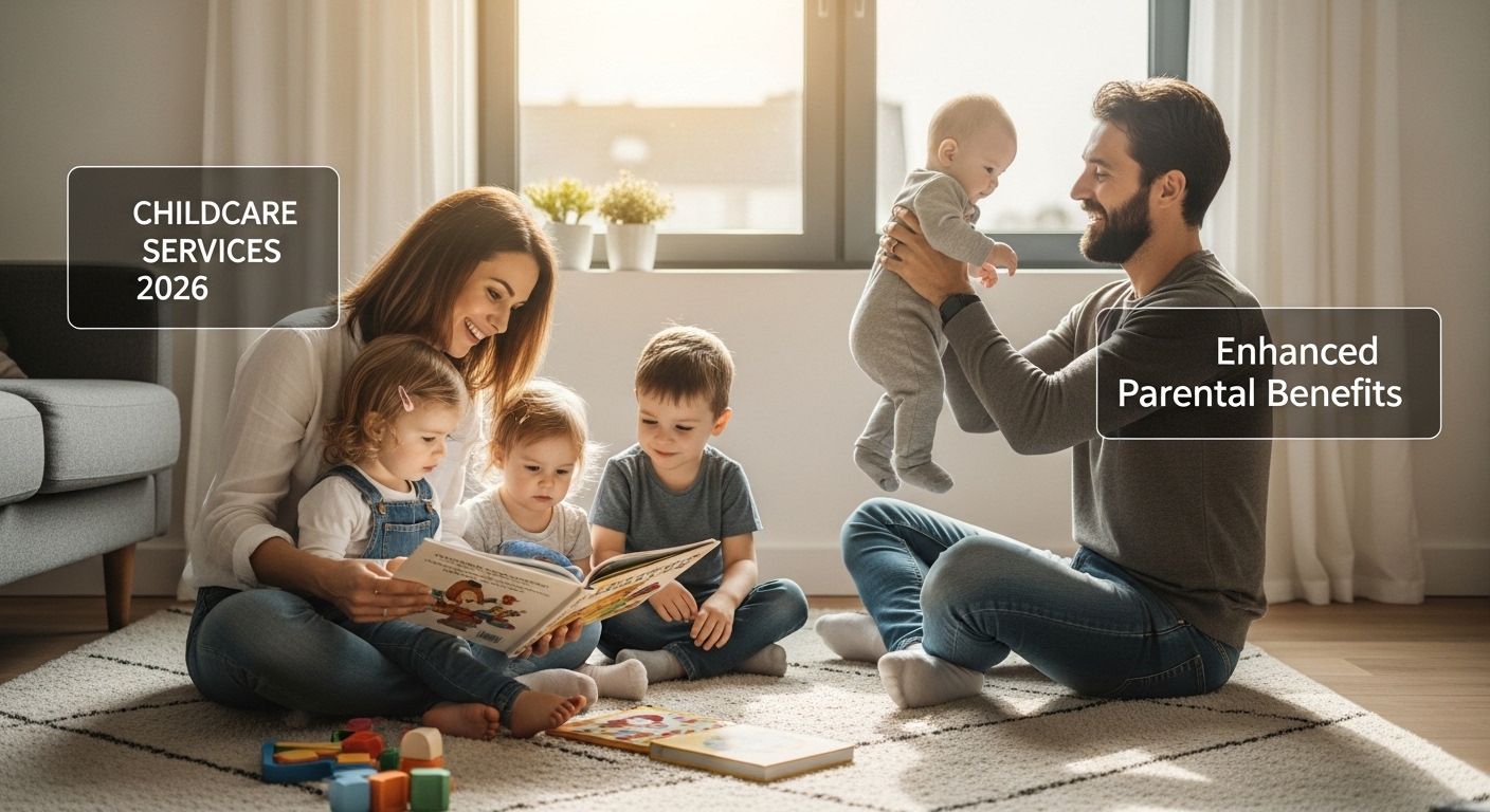 2026년 부모급여 인상과 아이돌봄 서비스 확대를 상징하는 행복한 가족 모습