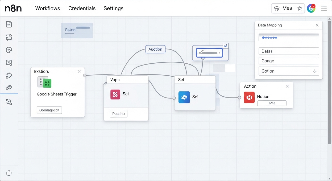 n8n 에디터에서 구글 시트 트리거 노드와 데이터 매핑 세트 노드, 노션 액션 노드를 연결한 자동화 워크플로우 화면