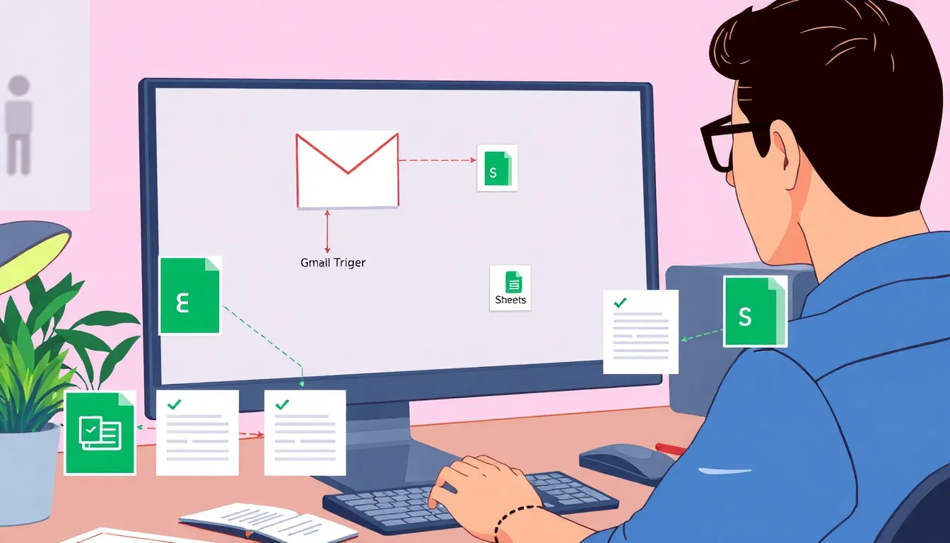 Gmail에서 이메일을 받아 Google Sheets에 자동 기록하는 n8n 워크플로우 설정 화면 및 실제 작업 장면