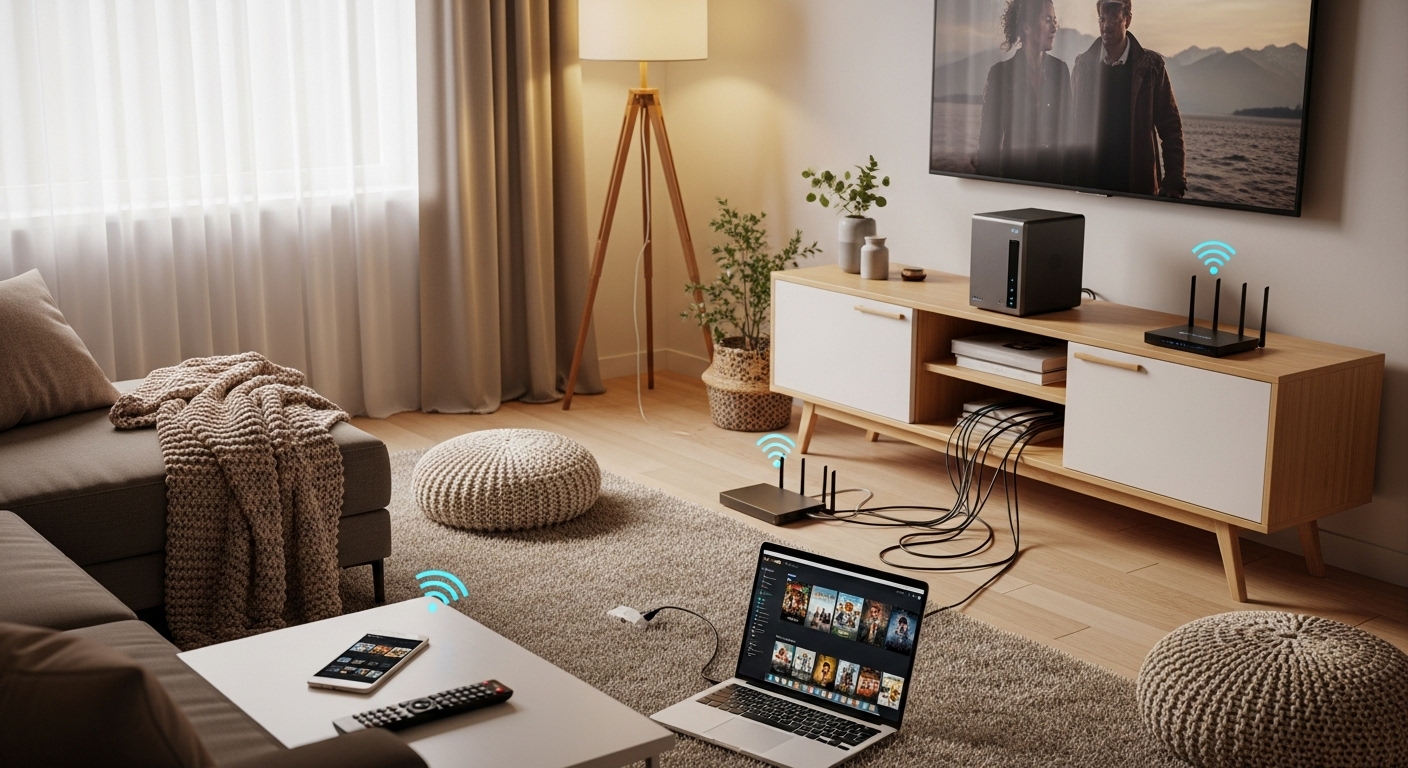 가정에서 네트워크 저장장치를 중심으로 스마트폰, TV, 노트북이 연결된 모습