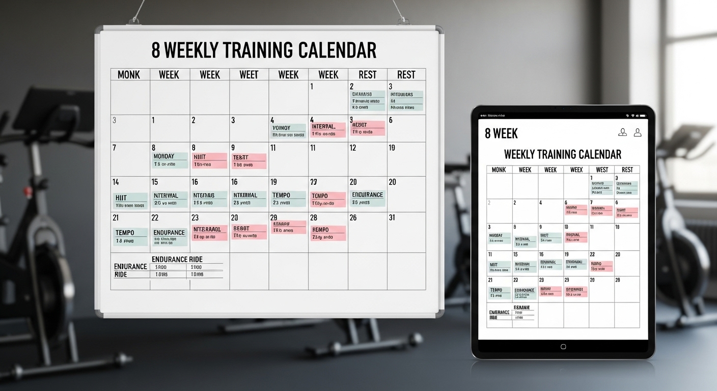 8주 완성 주간 실내 사이클 훈련 루틴이 적힌 계획 표와 그에 맞춘 체계적인 훈련 일정