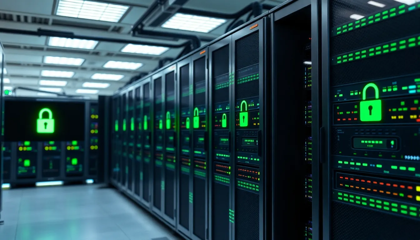 안전한 n8n 셀프호스팅 환경을 나타내는 서버실과 SSL 암호화 아이콘