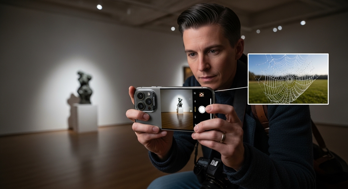 가변 조리개 렌즈를 탑재한 아이폰 18 프로로 다양한 조명 조건에서 촬영하는 전문가 모습