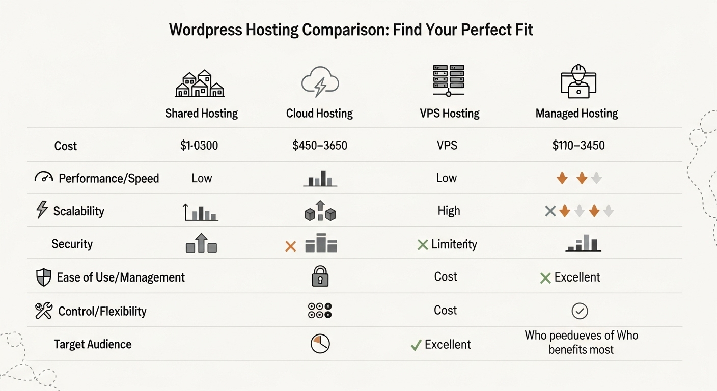 워드프레스 호스팅 종류별 특징과 추천 대상을 보여주는 인포그래픽 이미지