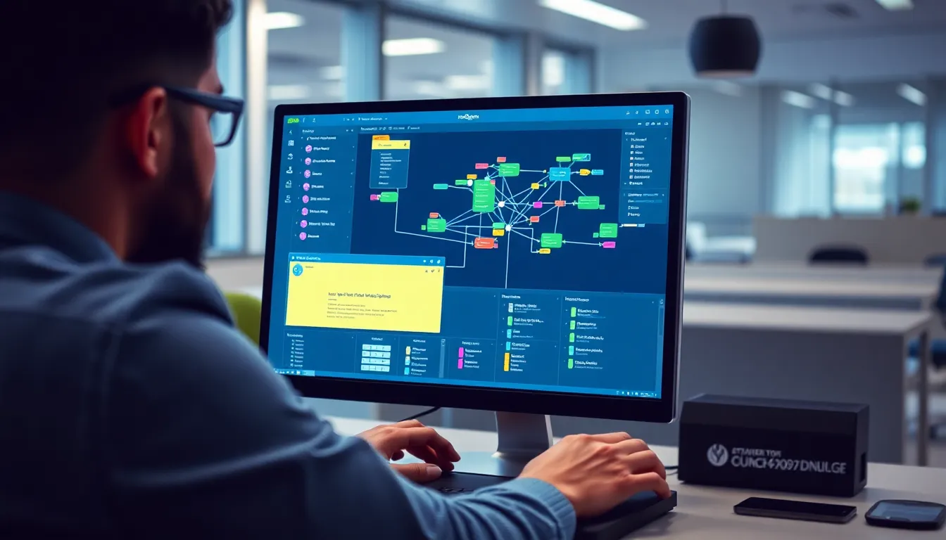 n8n 워크플로우 자동화 인터페이스에서 노드들이 연결되어 보여지는 컴퓨터 앞에서 일하는 사람의 모습