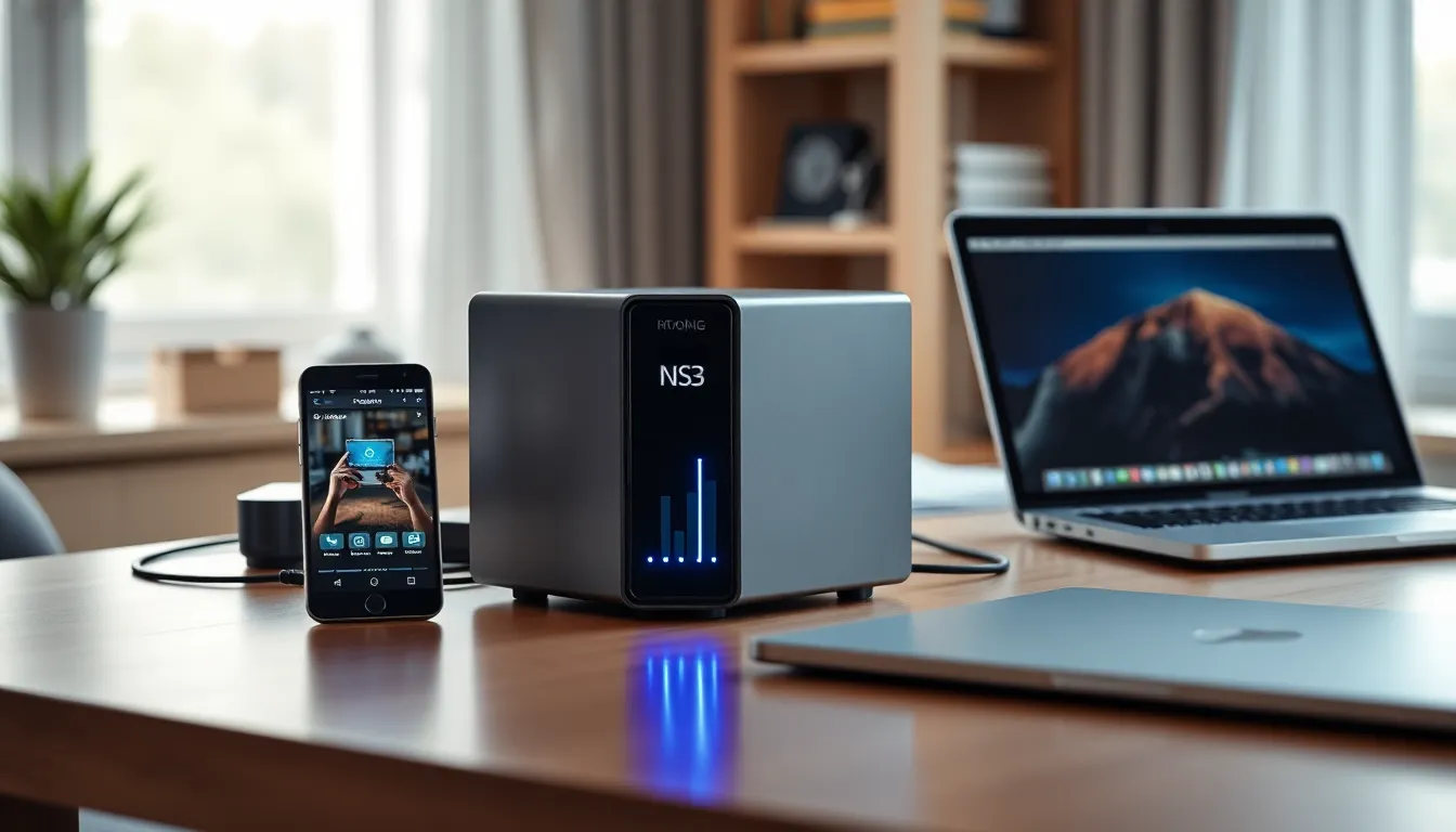 집에서 여러 기기와 연결되어 사진 백업 및 동기화를 하는 최신 개인 NAS 기기 모습