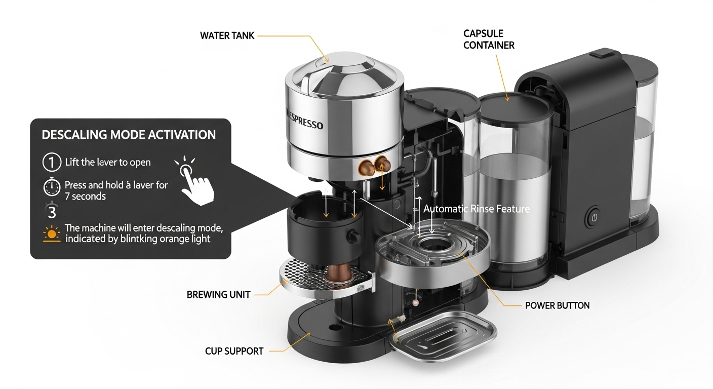네스프레소 버츄오 라인 머신의 주요 부품과 레버를 강조한 디스케일링 모드 진입 방법 안내 다이어그램