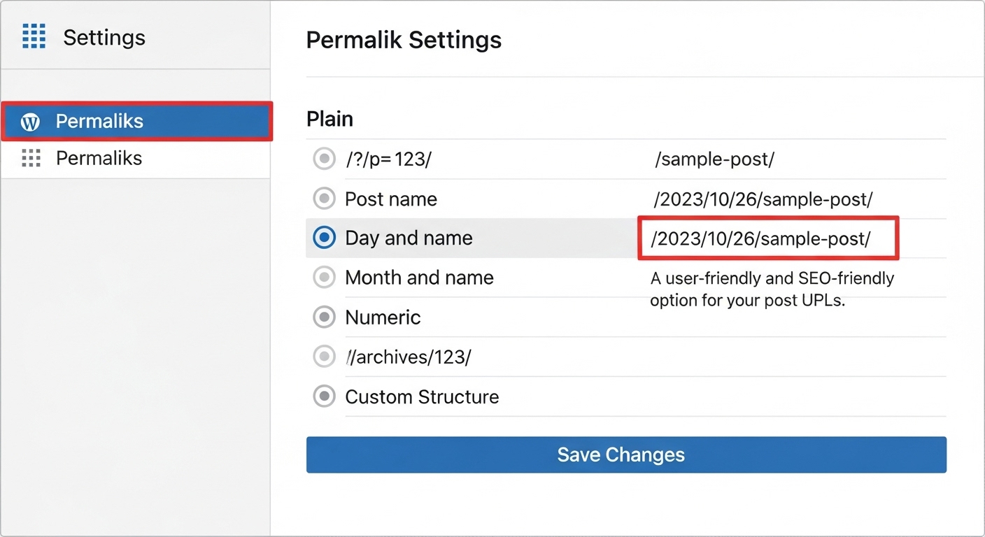 워드프레스 고유주소 설정 화면과 게시물 이름 선택을 강조하는 이미지