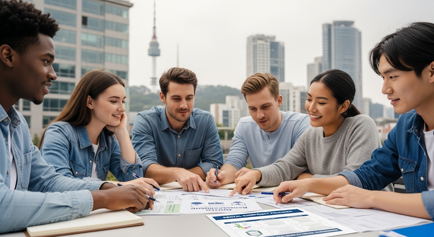 한국 도시 배경에서 청년들이 주거 지원 정책을 논의하는 모습