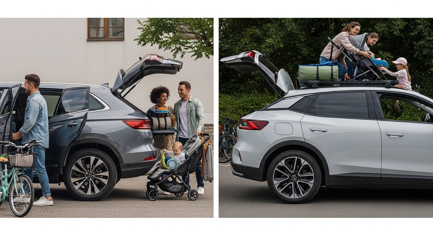 가족이 캠핑 장비와 유모차를 싣고 있는 기아 쏘렌토와 테슬라 모델 Y가 나란히 주차된 모습