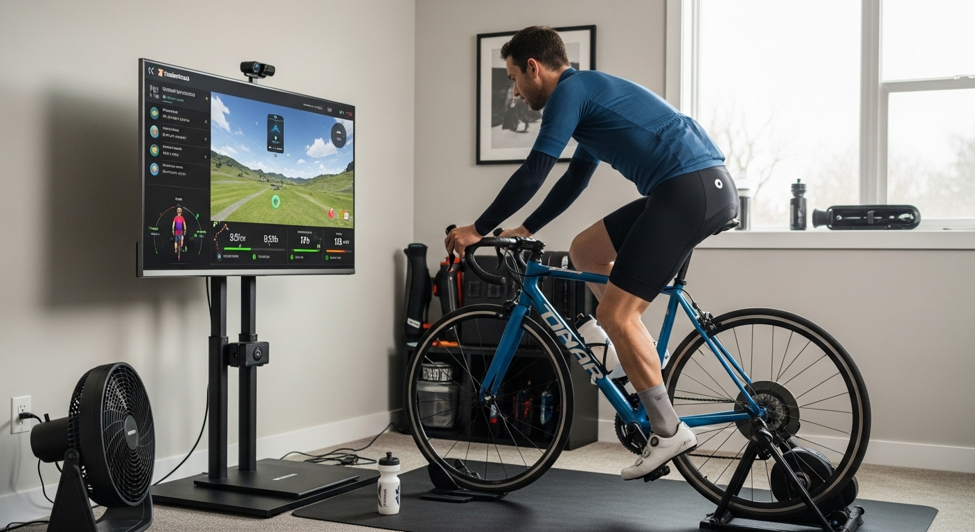 겨울철 실내 스마트 트레이너를 이용해 로드 자전거 훈련하는 모습