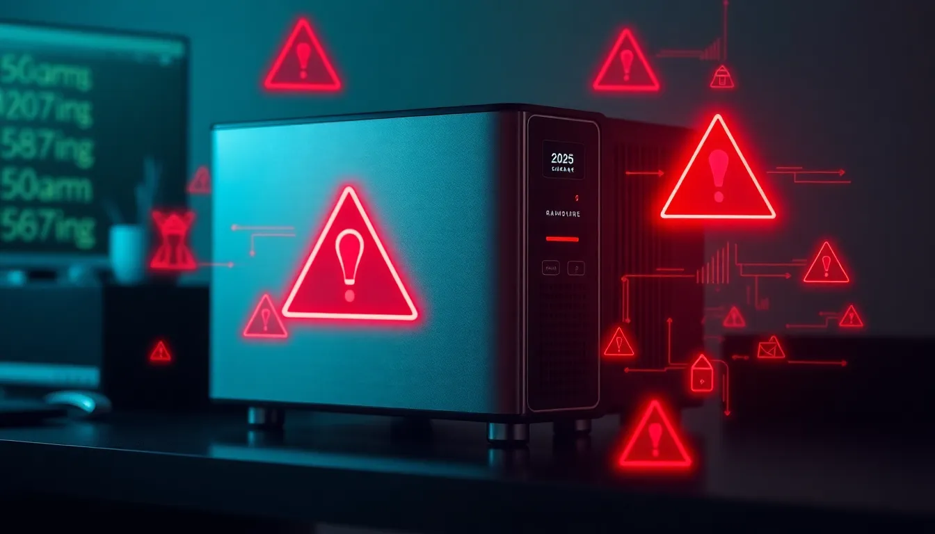 2025년 가정용 NAS에 대한 랜섬웨어 및 해킹 위협을 시각화한 이미지