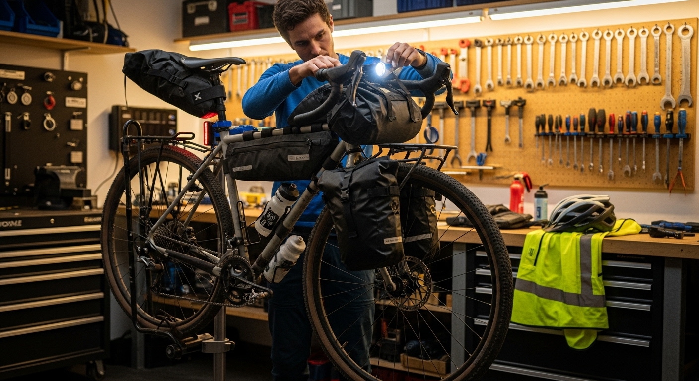 파리 브레스트 파리 대회 참가를 위한 장거리 자전거 세팅과 필수 안전 장비를 준비하는 라이더 모습