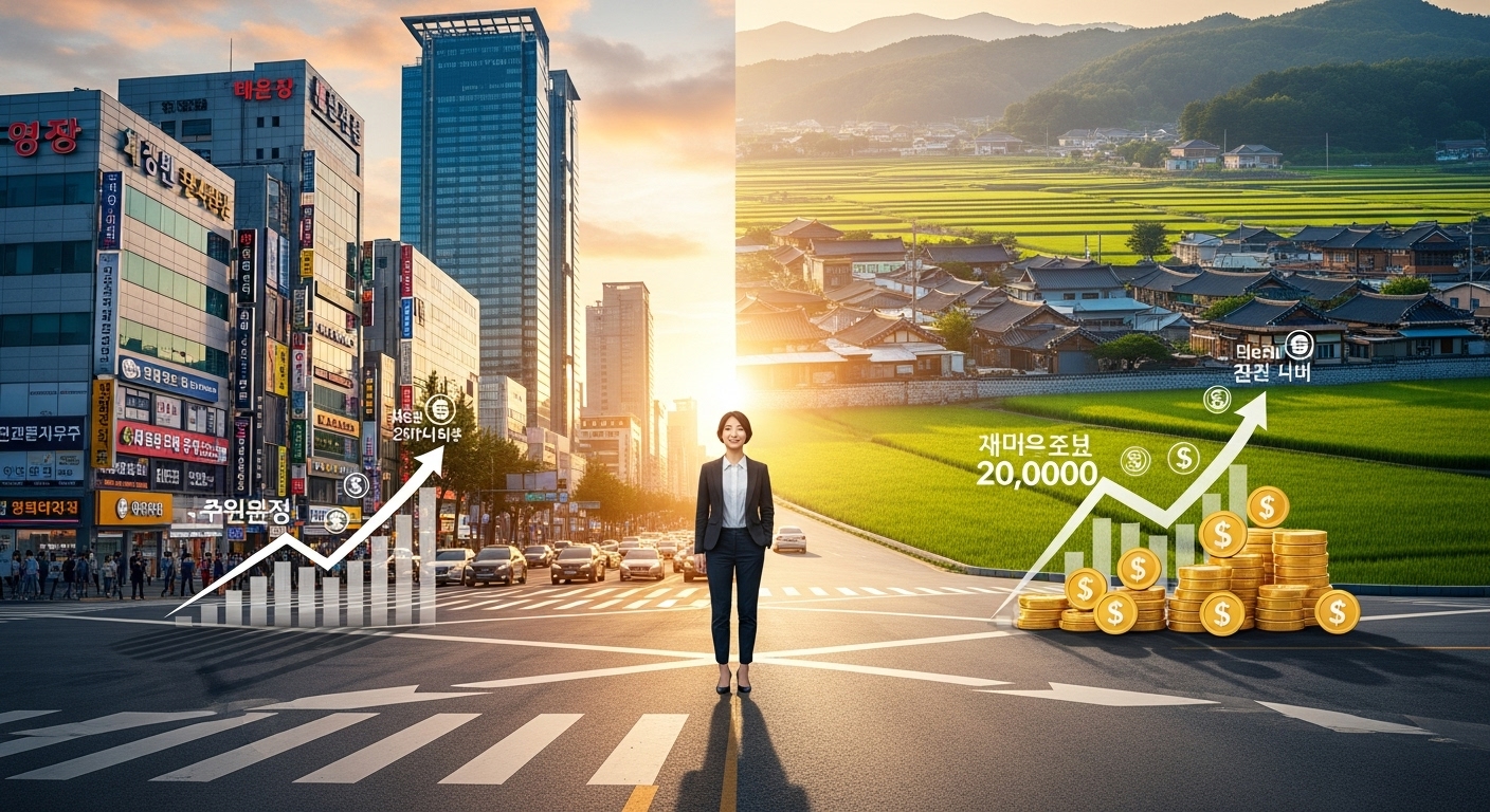 수도권과 비수도권 청년의 선택을 상징하는 도시와 농촌 배경의 청년 이미지