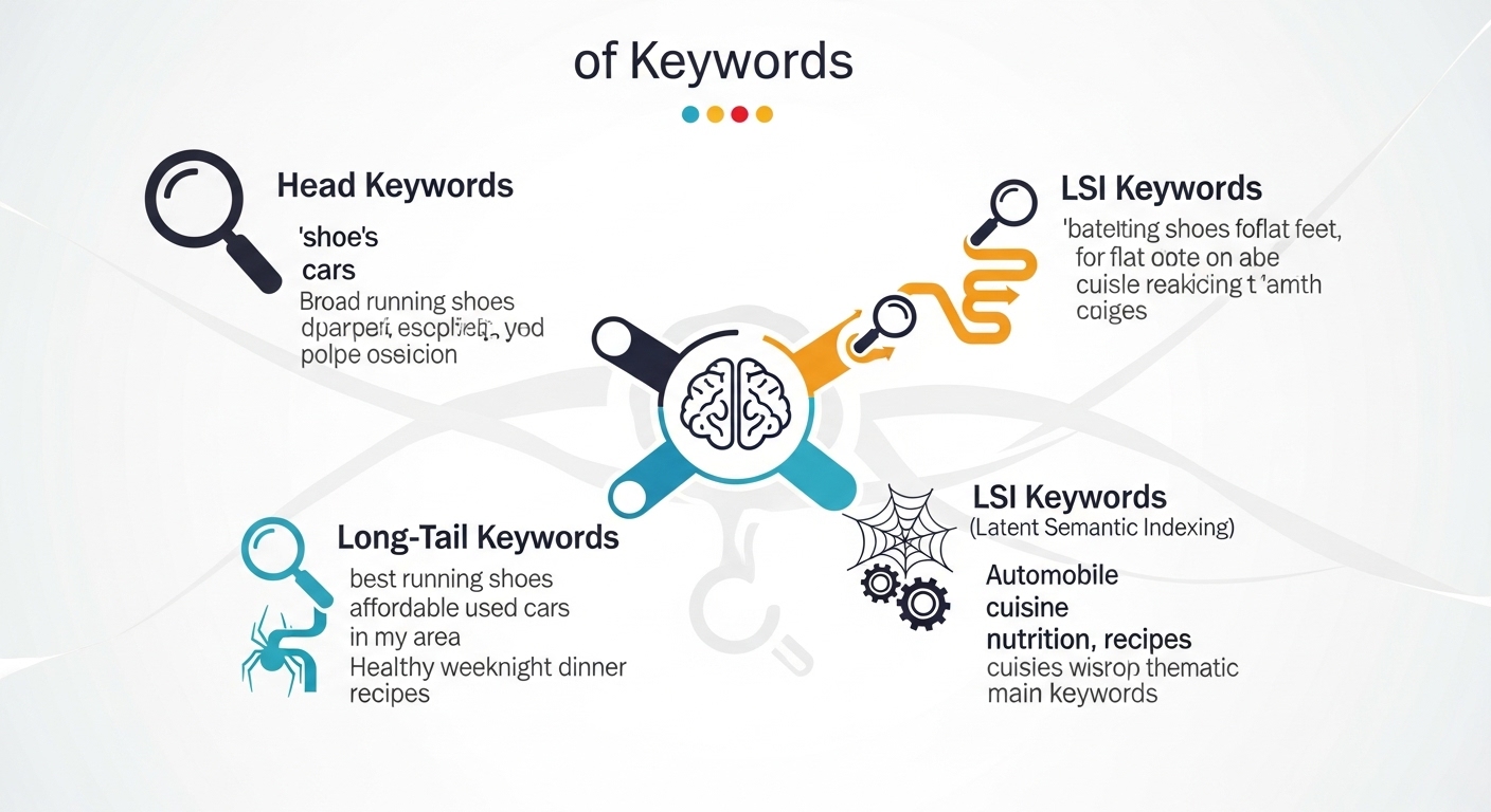 헤드 키워드 롱테일 키워드 LSI 키워드 유형을 설명하는 인포그래픽 이미지