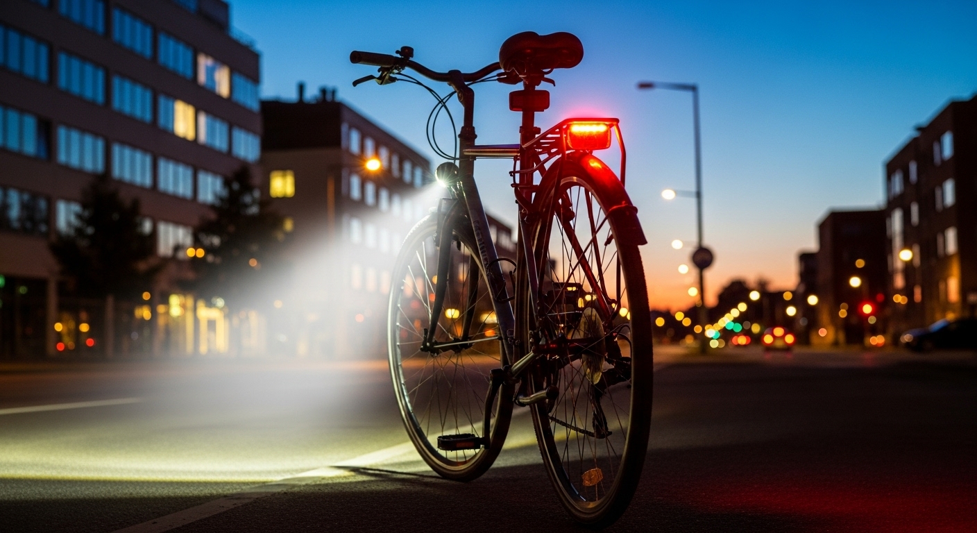 도심 새벽 시간 밝게 빛나는 자전거 전조등과 후미등