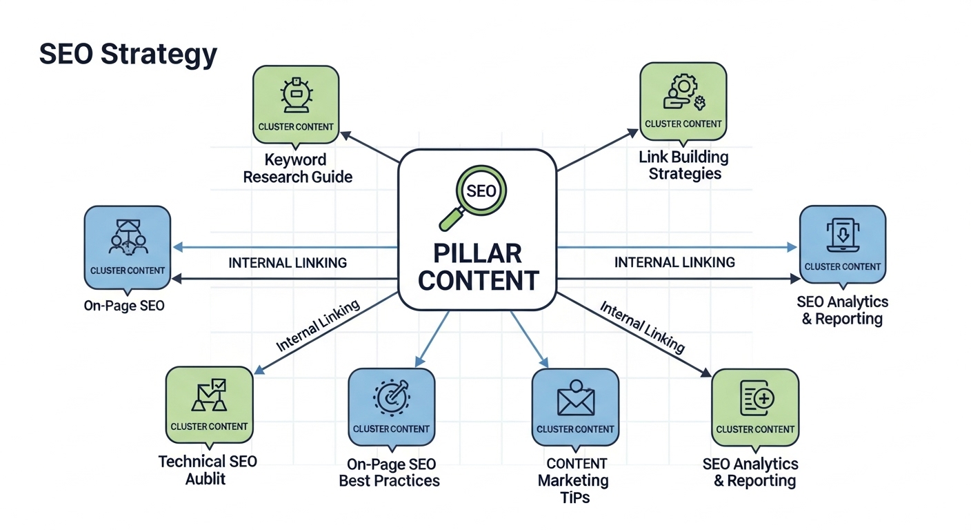 필러 포스트와 토픽 클러스터를 연결하는 내부 링크 구조 다이어그램 이미지