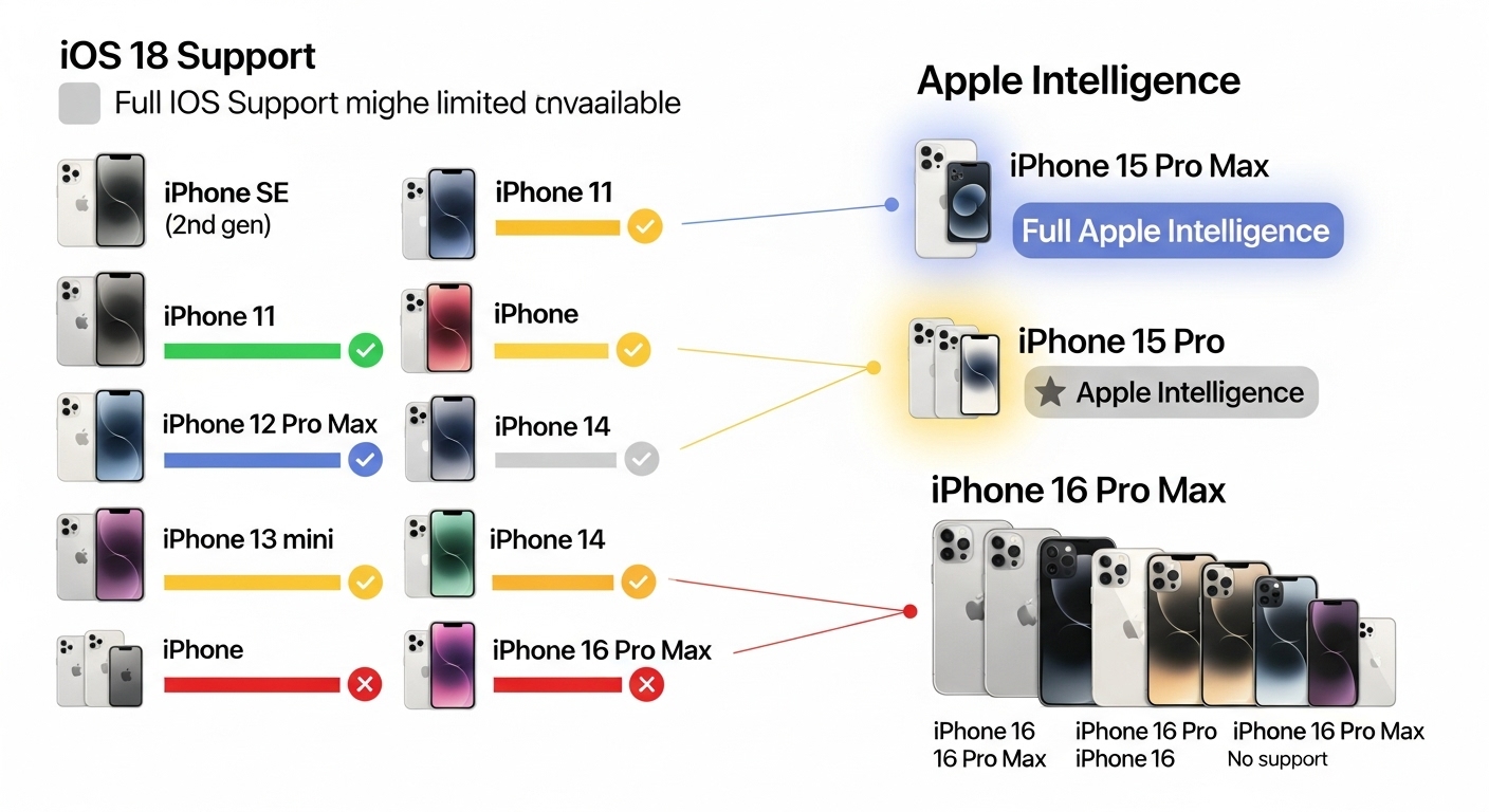 iOS 18 대응 기기와 Apple Intelligence 지원 모델을 보여주는 인포그래픽