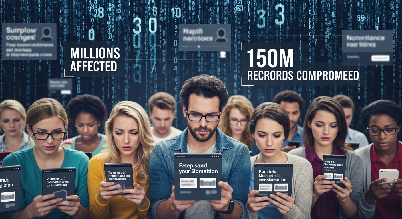 개인정보 유출로 인해 불안해하는 다양한 사람들이 스마트폰과 컴퓨터를 바라보는 모습