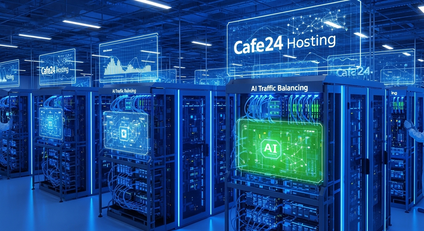 2025년 카페24 워드프레스 호스팅의 AI 트래픽 자동분산 기능과 최신 서버 기술을 보여주는 국내 데이터센터 사진