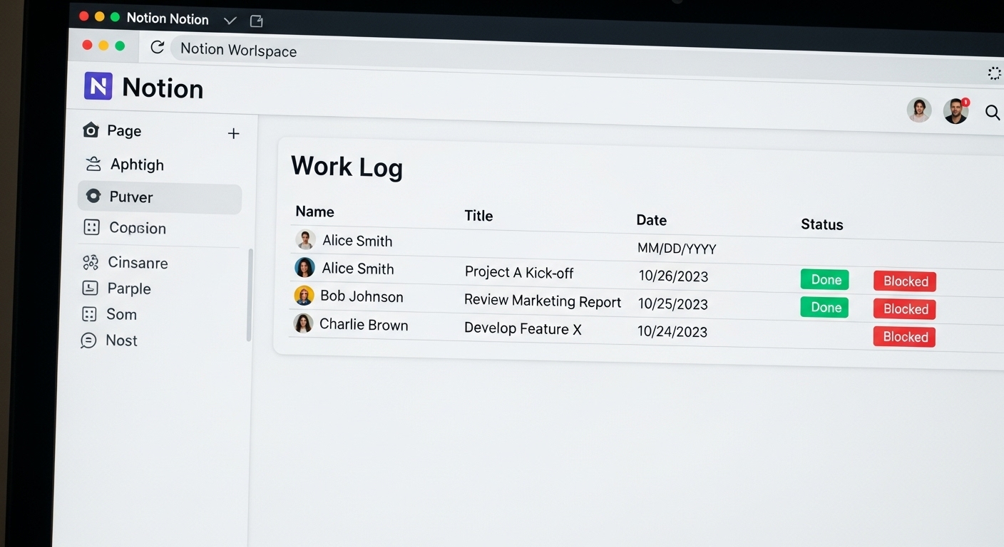 노션 업무일지 데이터베이스 페이지가 열려 있으며 이름, 날짜, 상태 컬럼이 보이고 샘플 데이터가 채워진 모습