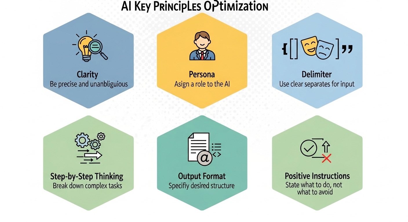 AI 프롬프트 최적화 6가지 핵심 원칙을 설명하는 인포그래픽 이미지