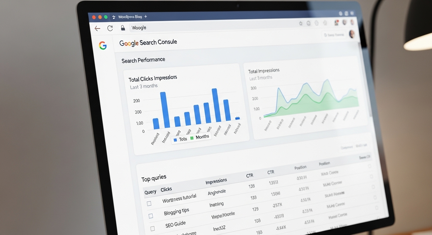 워드프레스 블로그의 구글 서치 콘솔 대시보드에서 검색어 분석 데이터를 보여주는 화면