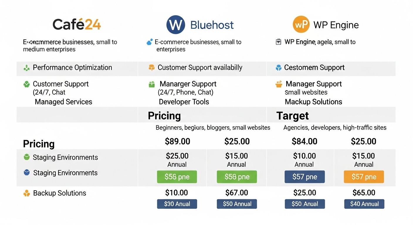 카페24 블루호스트 WP 엔진 워드프레스 호스팅 주요 특징과 가격 비교 인포그래픽