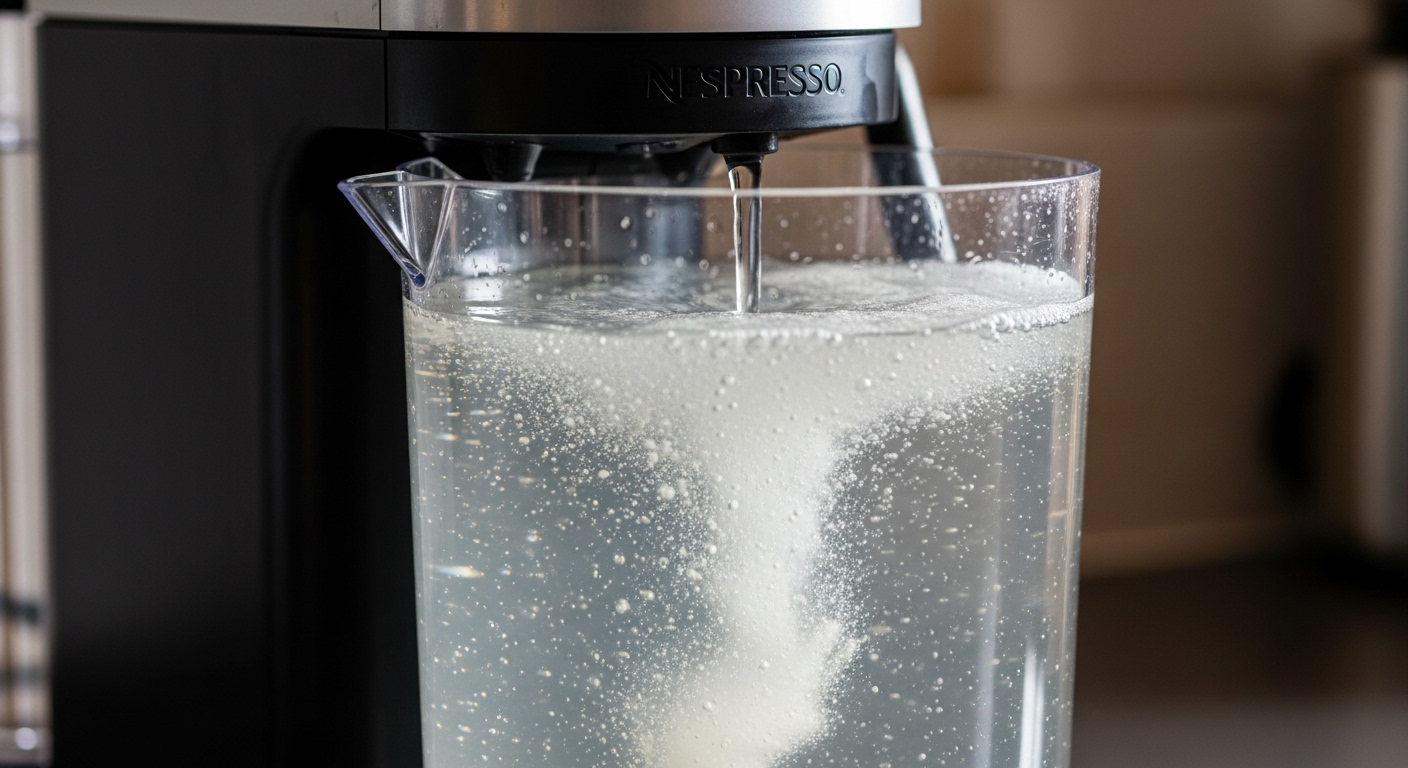 네스프레소 버츄오 머신 디스케일링 시 대형 용기와 석회질 제거 과정을 강조한 이미지