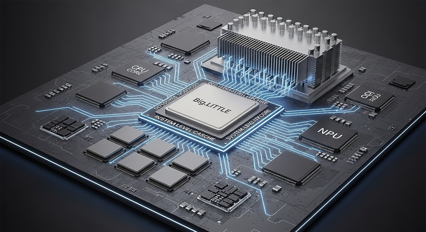 A20 칩셋의 빅-리틀 CPU 코어, 공유 시스템 레벨 캐시, 열관리 설계를 나타내는 칩셋 구조 이미지