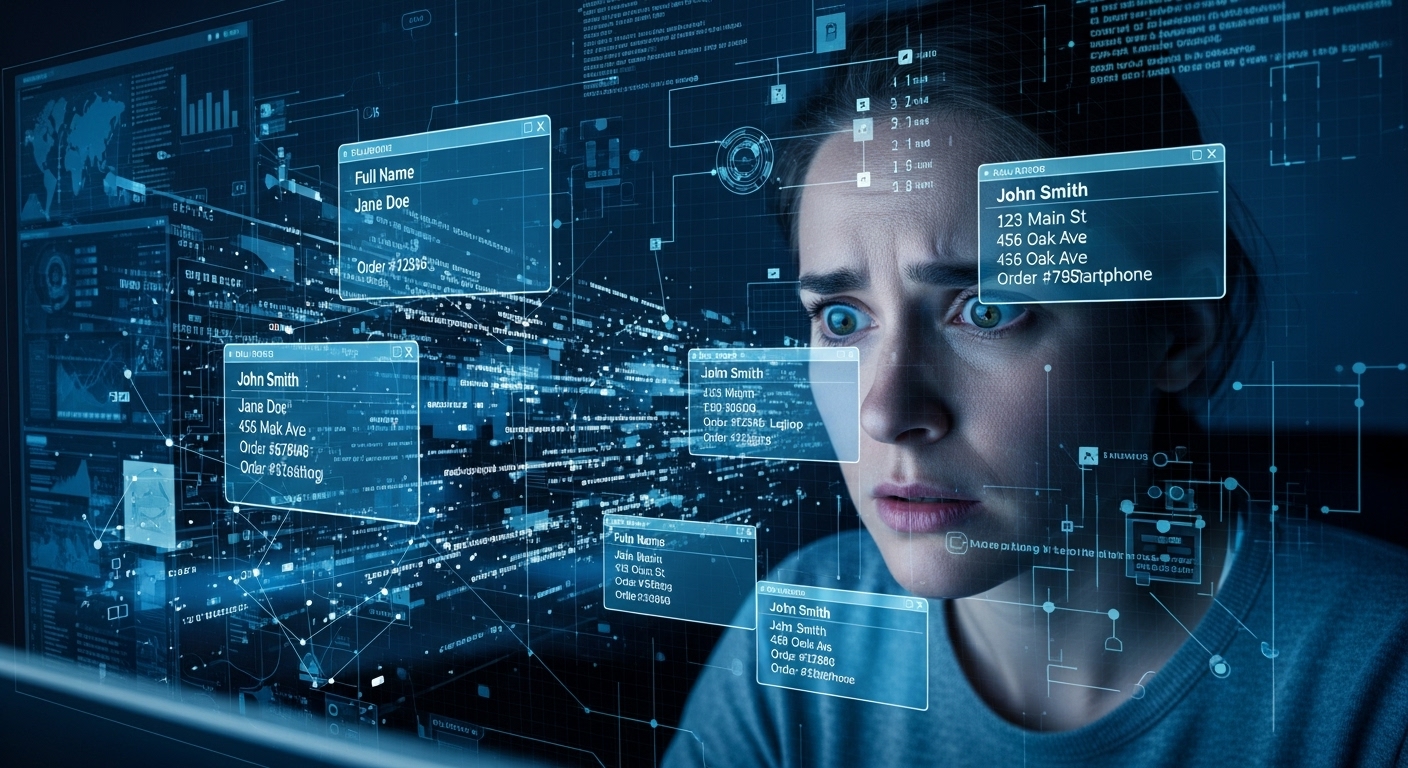 개인정보 유출로 걱정하는 사람과 디지털 데이터 유출 배경