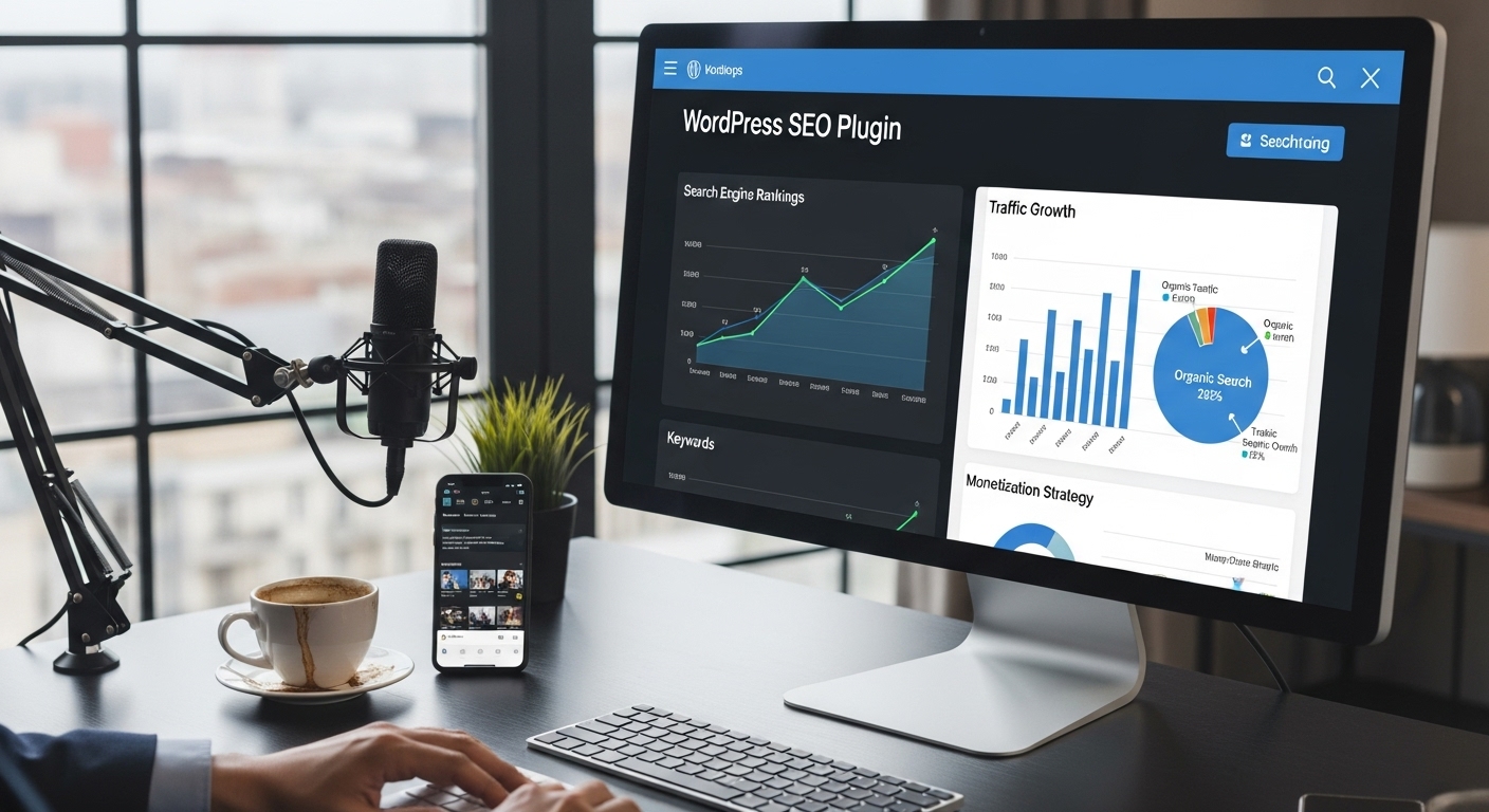 2025년 워드프레스 블로그 SEO 최적화와 수익 극대화를 상징하는 컴퓨터 화면과 업무 공간