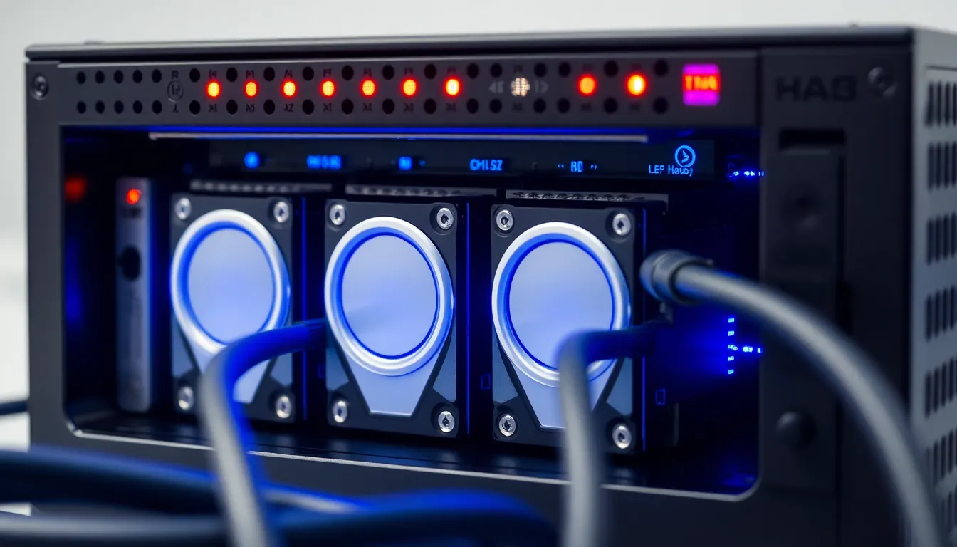 RAID 구성으로 데이터 안전성을 강조하는 하드디스크가 장착된 NAS 장치 모습