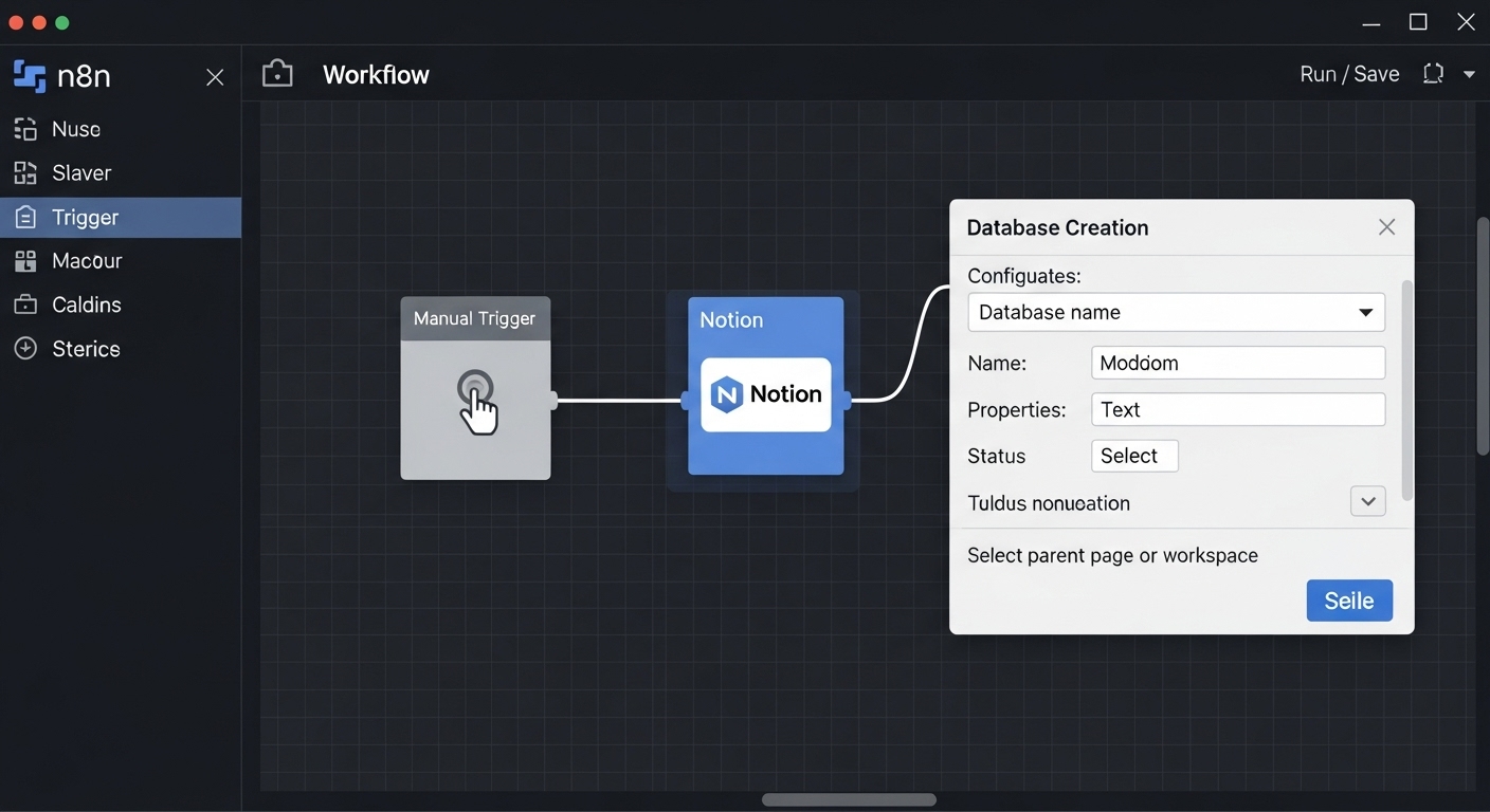 컴퓨터 화면에 수동 실행 노드와 노션 노드가 연결되어 업무일지 데이터베이스에 페이지를 생성하는 자동화 워크플로우 설정 모습