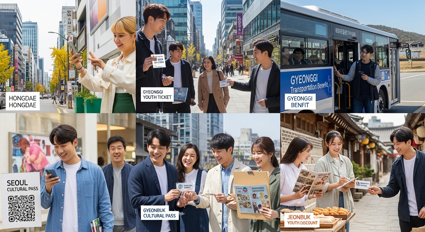 서울, 경기도, 전라북도 등 지역별 청년 지원 정책을 누리는 청년들의 모습