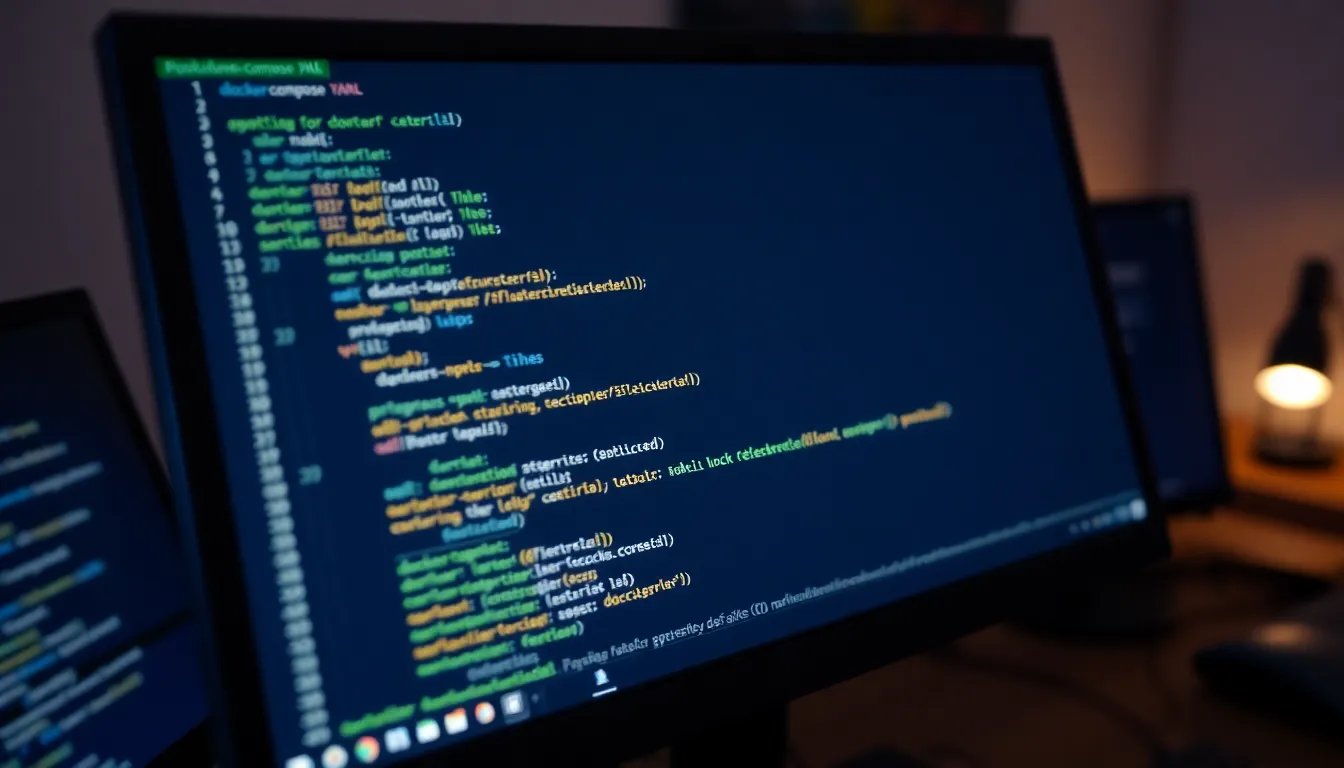 n8n과 Postgres 서비스가 포함된 docker-compose YAML 파일을 보여주는 컴퓨터 화면의 클로즈업 사진