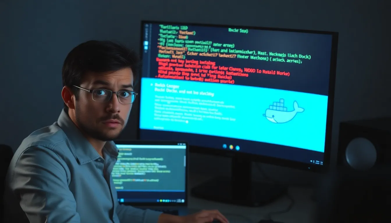 n8n Docker 설치 중 오류 메시지를 보며 좌절하는 사용자의 모습