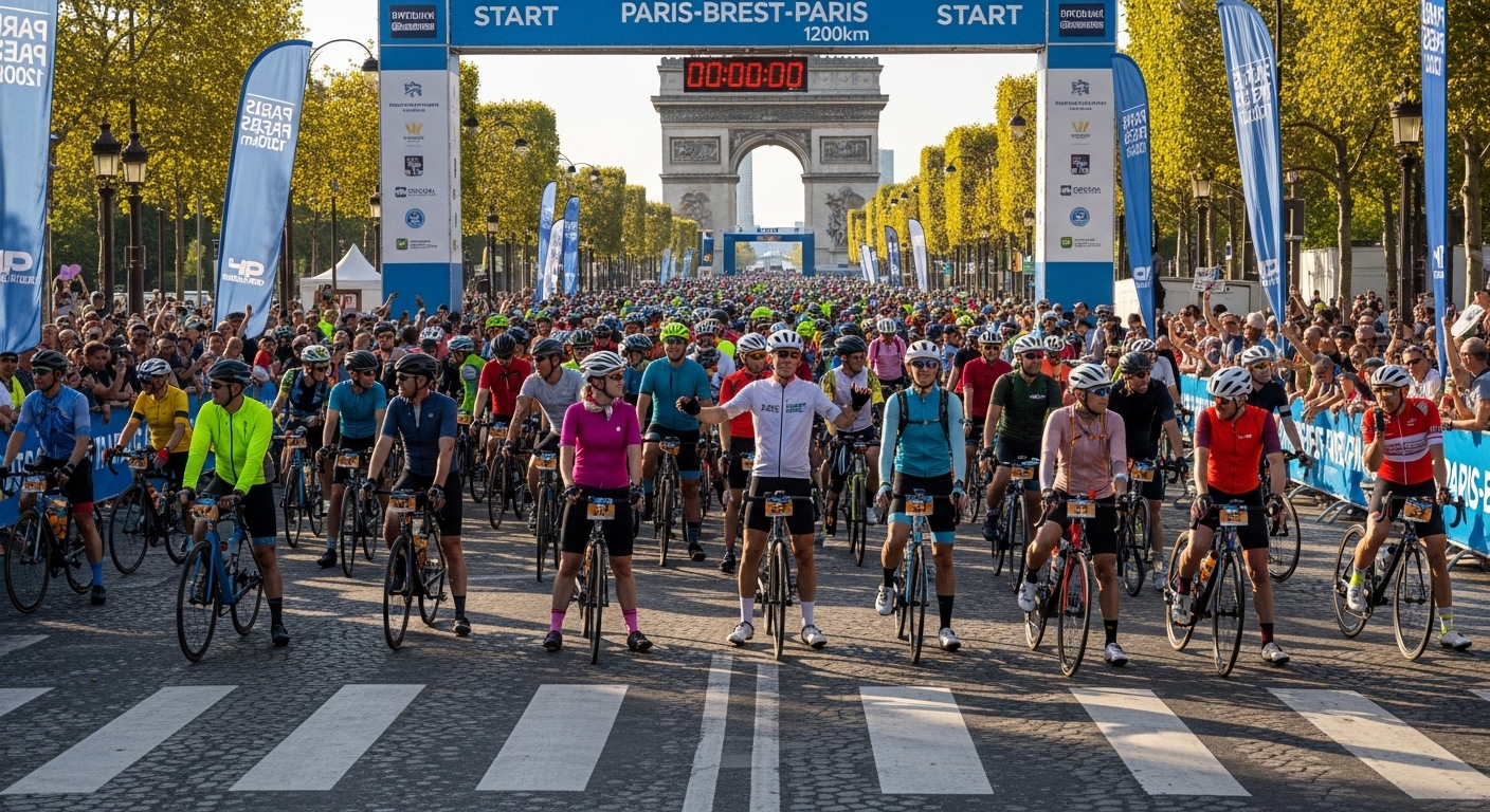 파리 브레스트 파리 1200km 자전거 대회의 시작 지점에서 다양한 라이더들이 모여 있는 모습