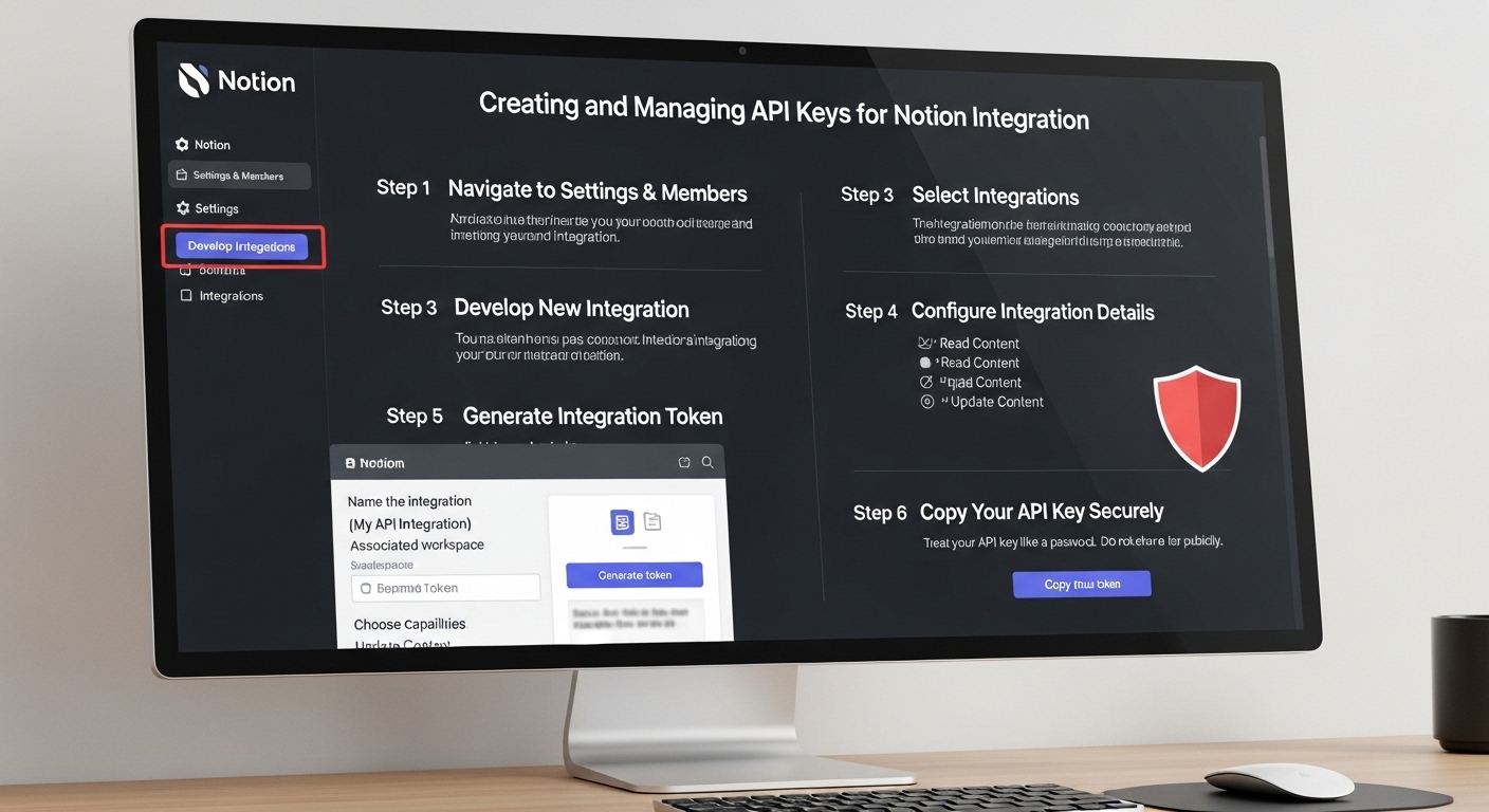 노션 API 키 발급 및 관리 과정을 나타내는 컴퓨터 화면 이미지