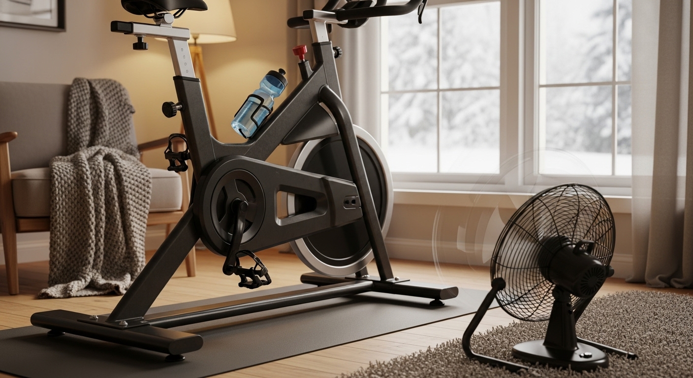 겨울철 실내에서 최신 스핀 바이크 장비와 함께 운동하는 모습