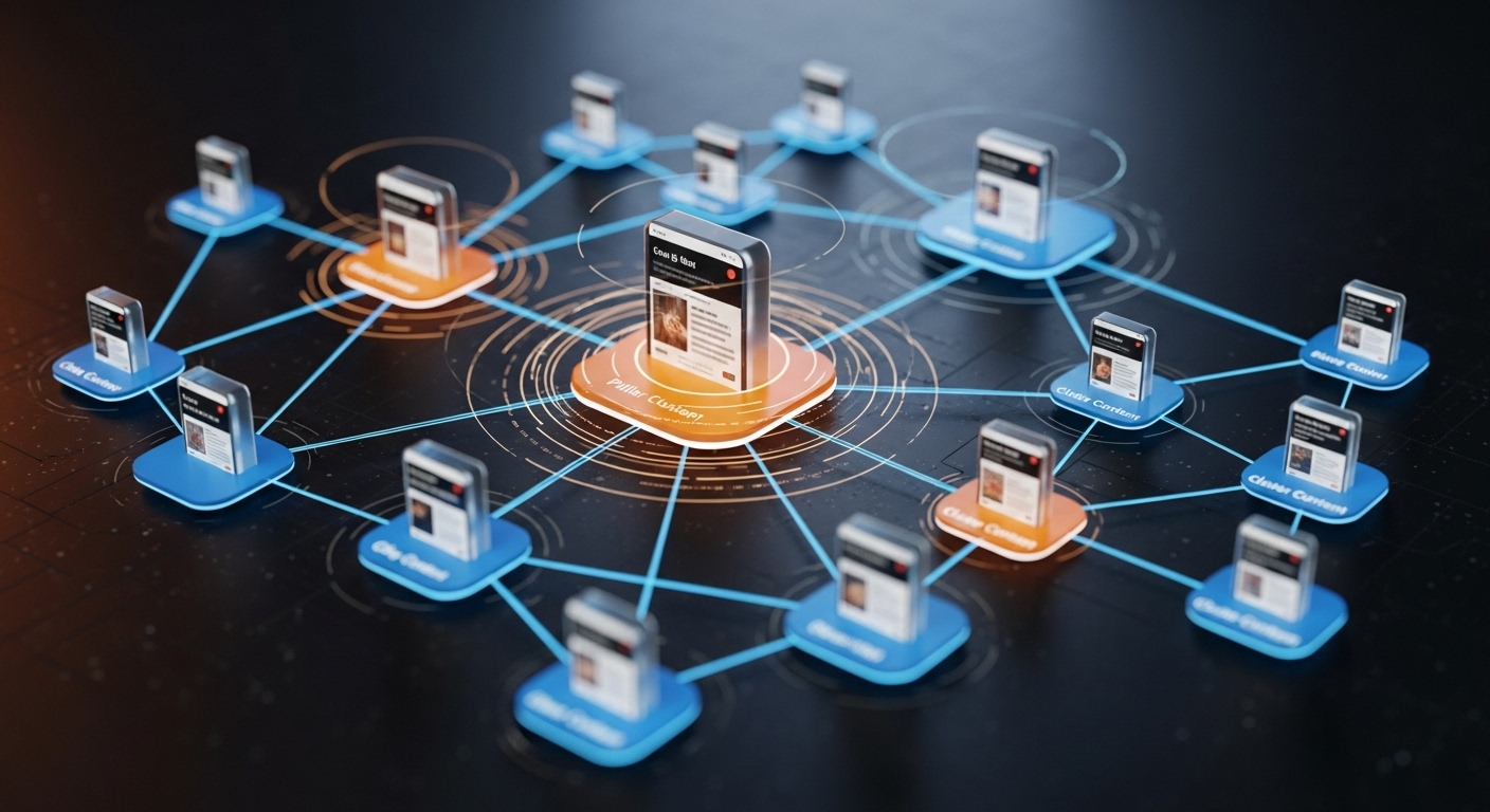 토픽 클러스터와 내부 링크 전략을 보여주는 블로그 게시물 간의 연결 네트워크 그래프 이미지