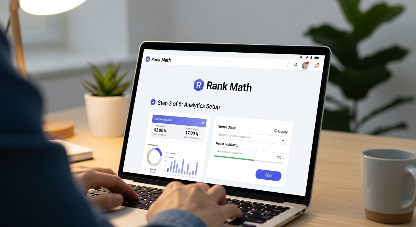 노트북 화면에서 Rank Math 설정 마법사 실행 모습