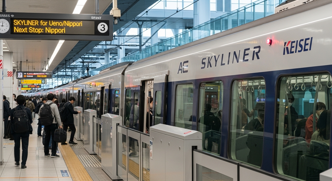 나리타 공항에서 아키하바라로 가는 스카이라이너 열차와 승객들 모습