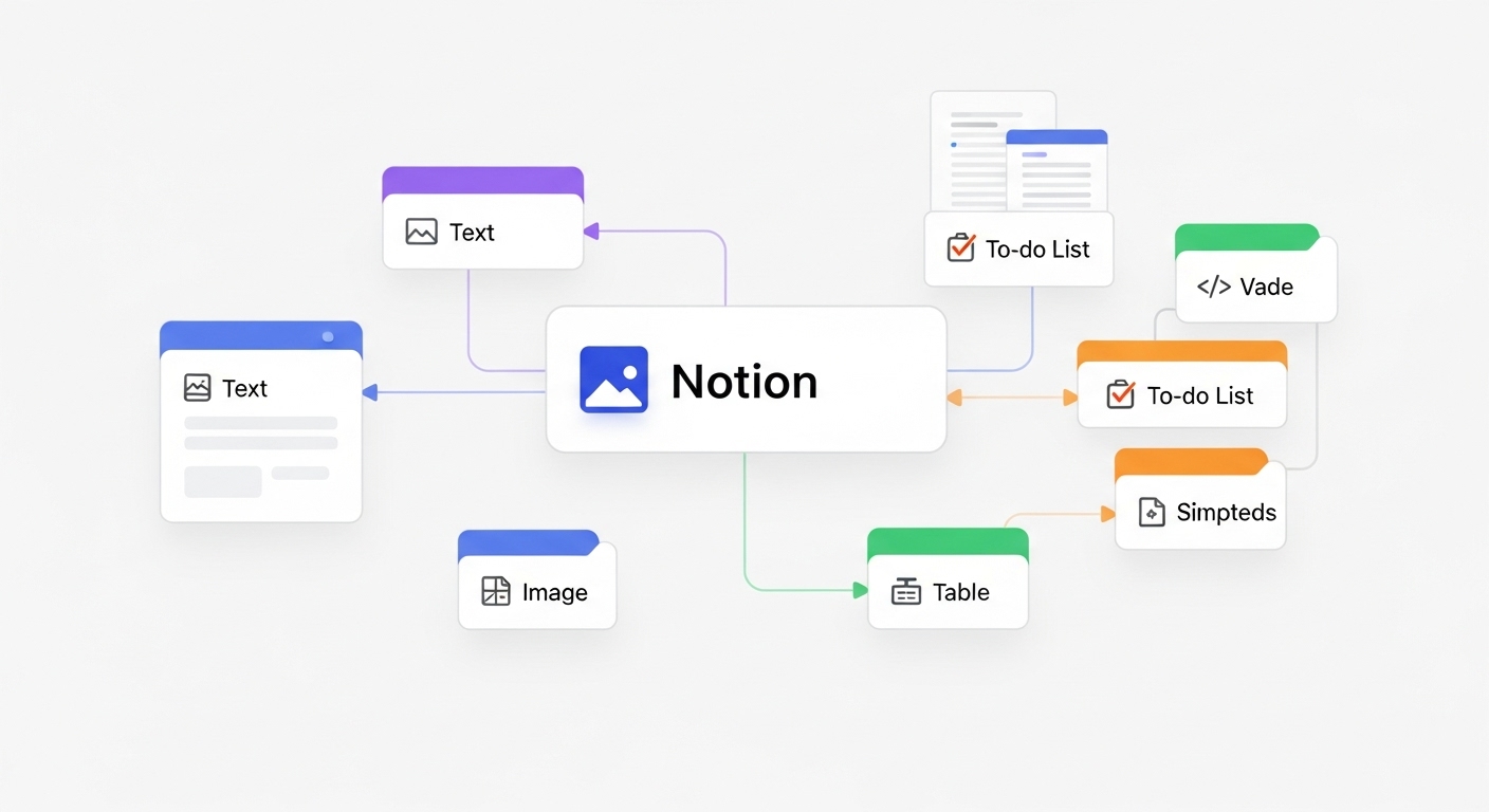 노션에서 모든 콘텐츠가 블록 단위로 구성된다는 개념을 시각화한 인포그래픽 이미지