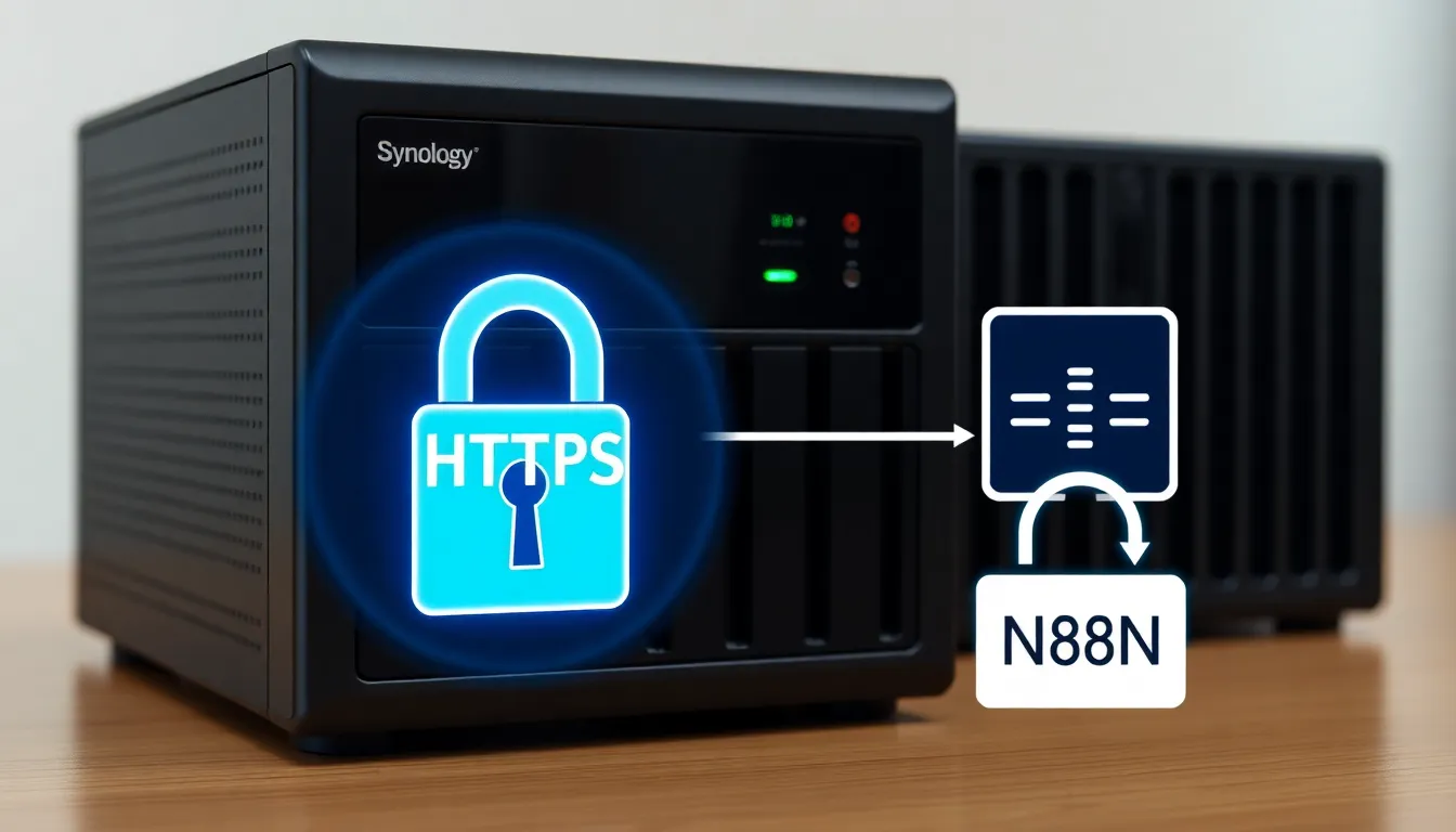 Synology NAS를 배경으로 한 HTTPS 보안 연결과 리버스 프록시 설정을 상징하는 보안 서버 환경 이미지