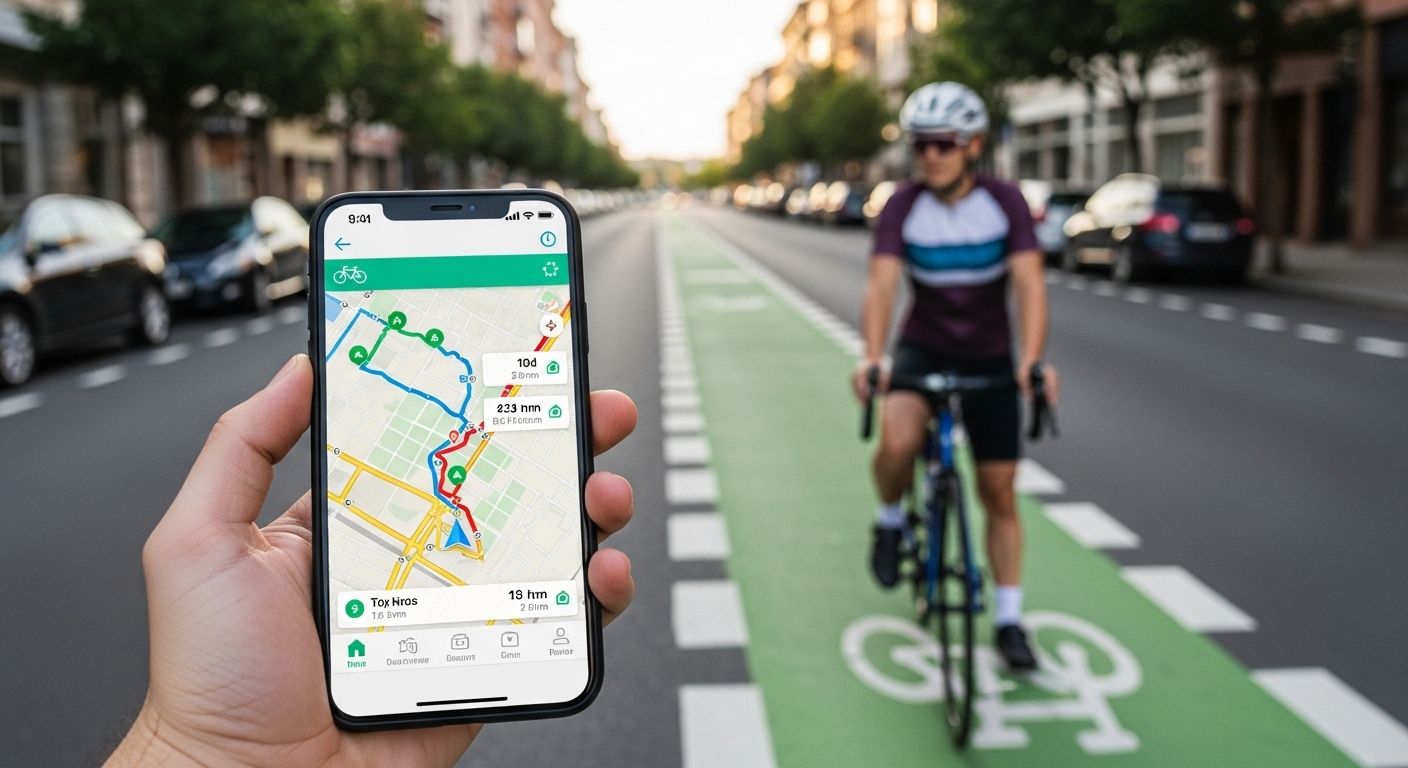 스마트폰 자전거 경로 안내 앱 화면과 출발 준비중인 자전거 출퇴근자 모습
